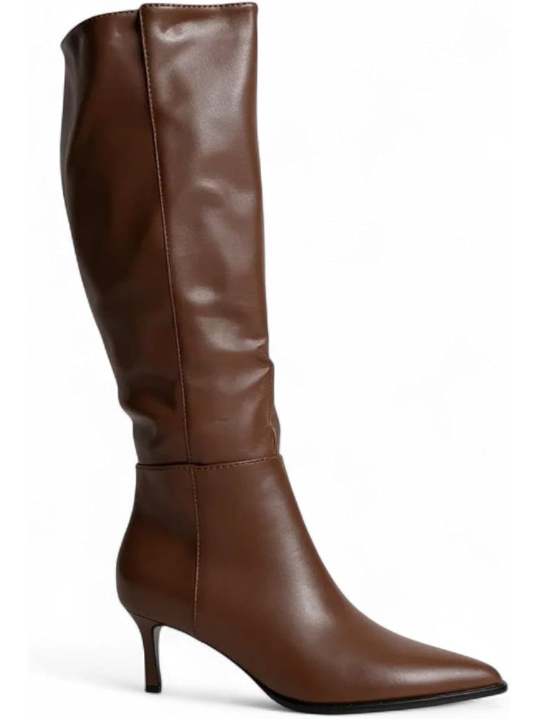 Women's Brown Pu Fashion Pointed-Toe Side Zipper Knee-High Kitten Heel Boots